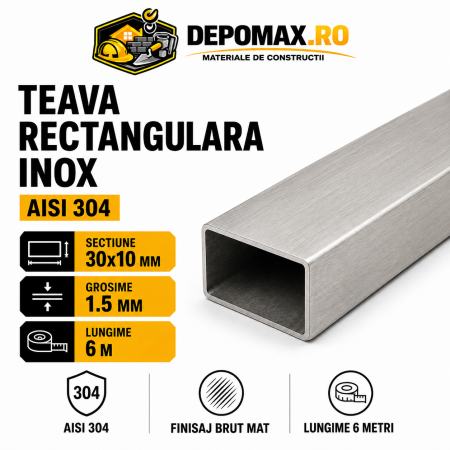Teava rectangulara inox AISI 304, 30 x 10 x 1.5 mm, 6 metri